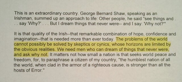 The Quote Found in the Transcript of John F. Kennedy’s Speech to the Irish Parliament on June 28, 1963