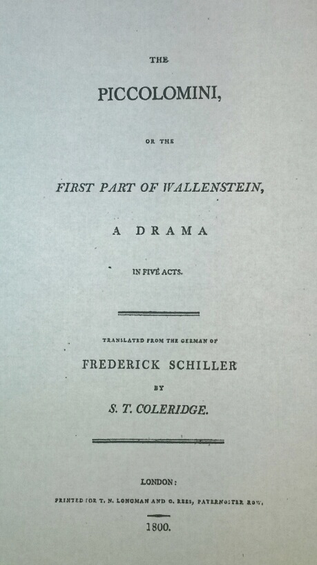 Title Page of the Play The Piccolomini by Friedrich Schiller Translated by Samuel Taylor Coleridge
