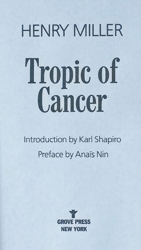 Title Page of 'Tropic of Cancer' by Henry Miller